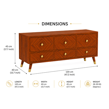 Wooden Console Table with 6 Drawers and Diamond Pattern Design

