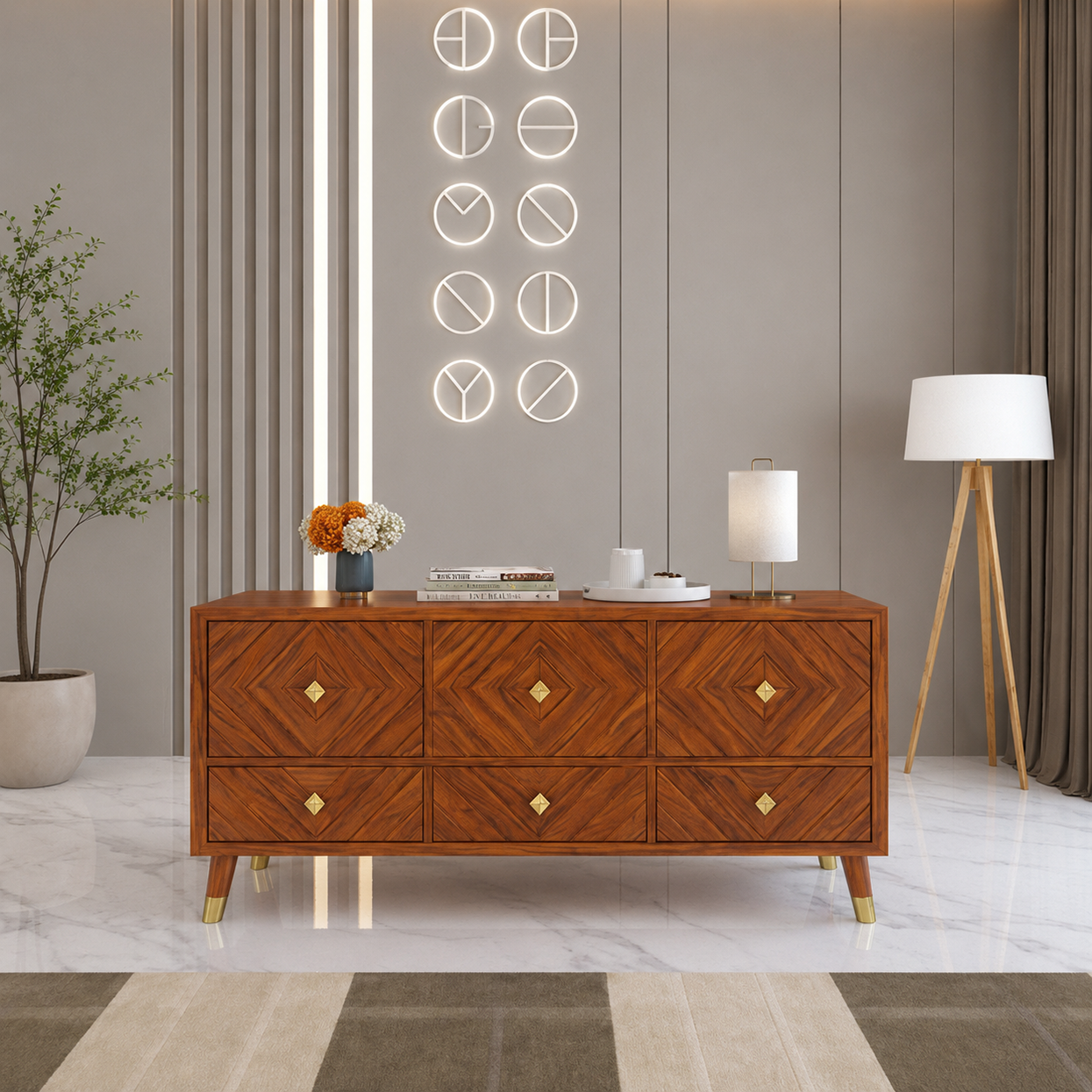 Wooden Console Table with 6 Drawers and Diamond Pattern Design
