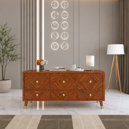 Wooden Console Table with 6 Drawers and Diamond Pattern Design

