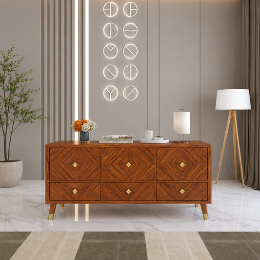 Wooden Console Table with 6 Drawers and Diamond Pattern Design
