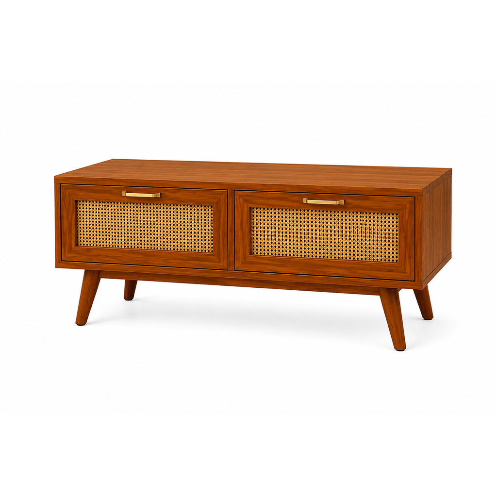 Wooden Rattan TV Unit with Storage Drawers

