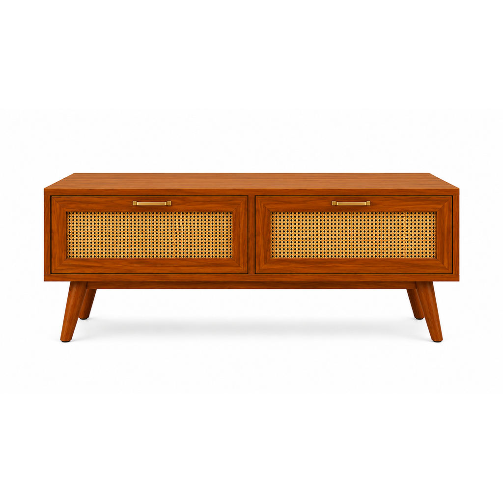 Wooden Rattan TV Unit with Storage Drawers
