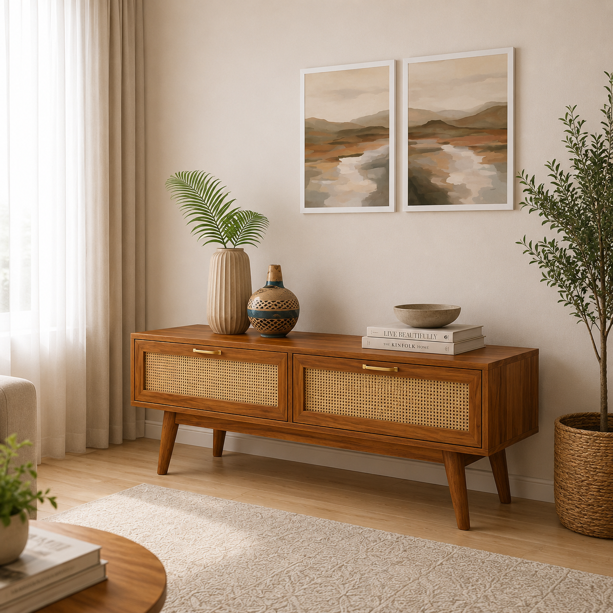 Wooden Rattan TV Unit with Storage Drawers
