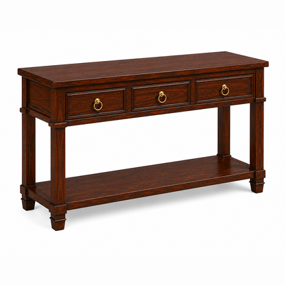 The RJ Art premium Sheesham wood console table with three storage drawers, open bottom shelf, brass ring handles, and rich walnut finish.
