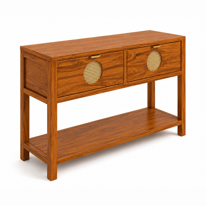 The RJ Art Sheesham Wood Console Table with Drawers, Open Shelf and Cane Panel Accents