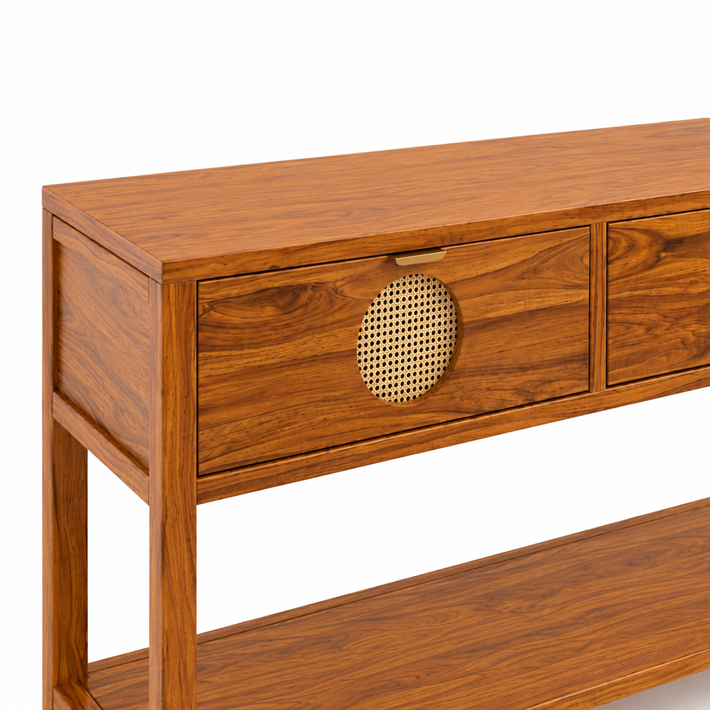 The RJ Art Sheesham Wood Console Table with Drawers, Open Shelf and Cane Panel Accents