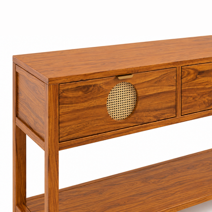 The RJ Art Sheesham Wood Console Table with Drawers, Open Shelf and Cane Panel Accents