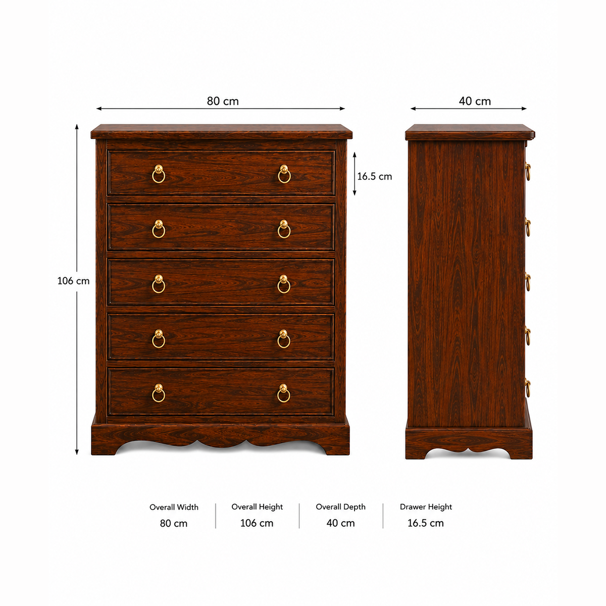 The RJ Art Sheesham Wood Chest of Drawers with 5 Storage Drawers