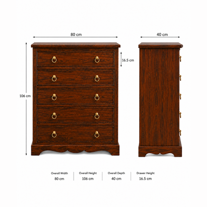The RJ Art Sheesham Wood Chest of Drawers with 5 Storage Drawers