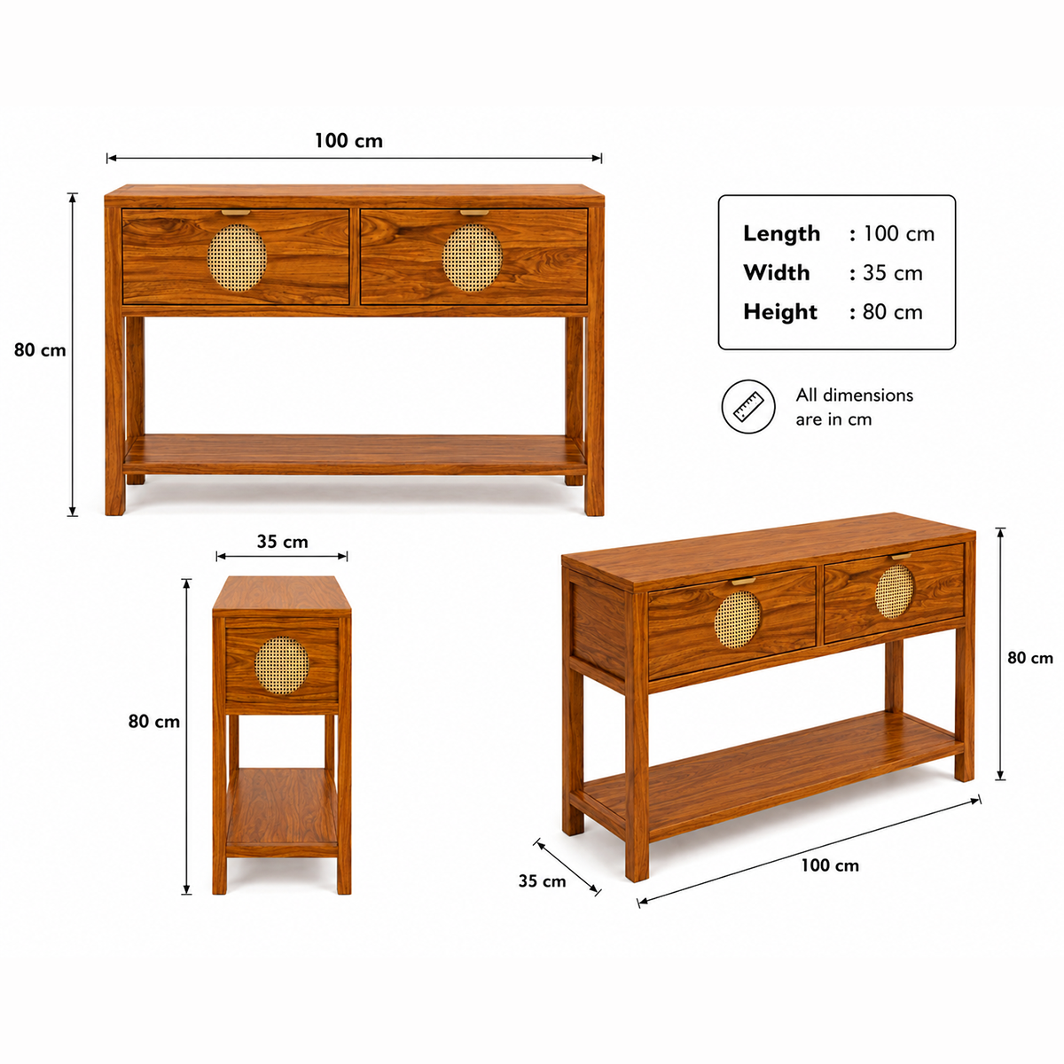 The RJ Art Sheesham Wood Console Table with Drawers, Open Shelf and Cane Panel Accents