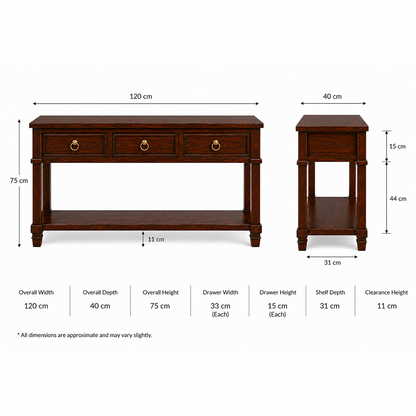 The RJ Art premium Sheesham wood console table with three storage drawers, open bottom shelf, brass ring handles, and rich walnut finish.