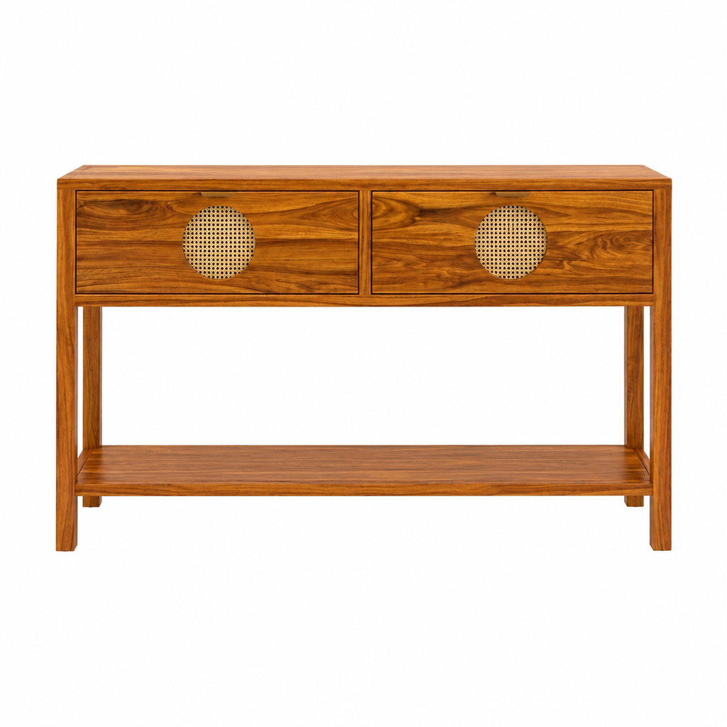 The RJ Art Sheesham Wood Console Table with Drawers, Open Shelf and Cane Panel Accents