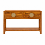 The RJ Art Sheesham Wood Console Table with Drawers, Open Shelf and Cane Panel Accents
