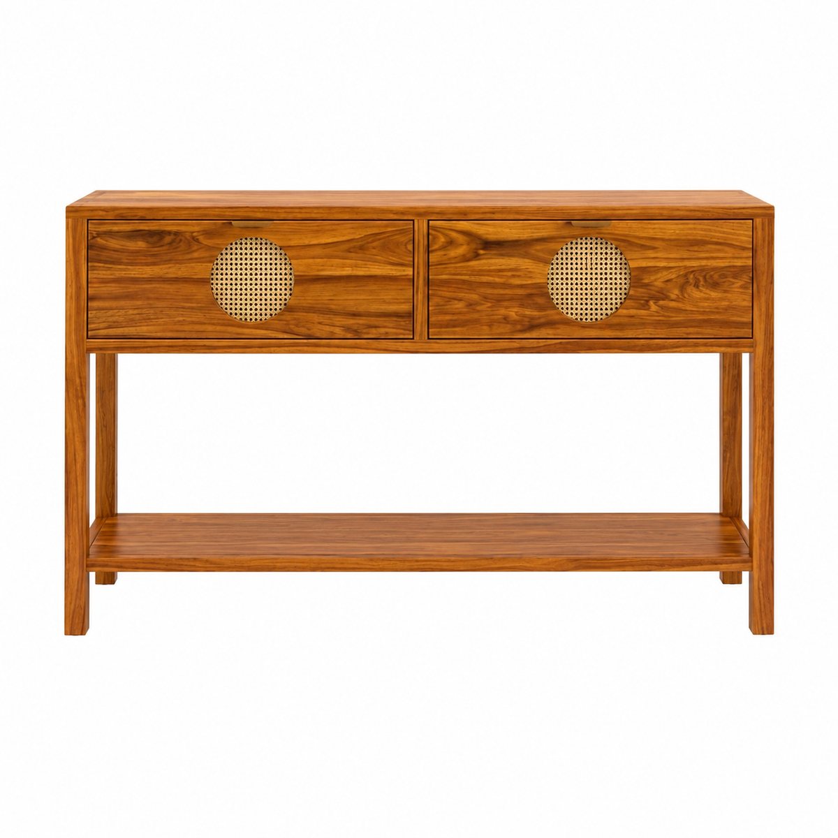 The RJ Art Sheesham Wood Console Table with Drawers, Open Shelf and Cane Panel Accents