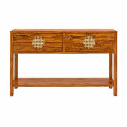 The RJ Art Sheesham Wood Console Table with Drawers, Open Shelf and Cane Panel Accents