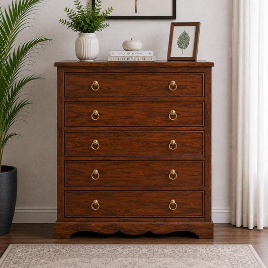 The RJ Art Sheesham Wood Chest of Drawers with 5 Storage Drawers
