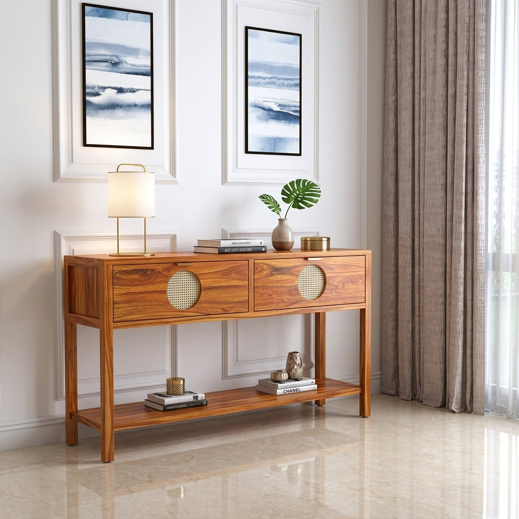 The RJ Art Sheesham Wood Console Table with Drawers, Open Shelf and Cane Panel Accents