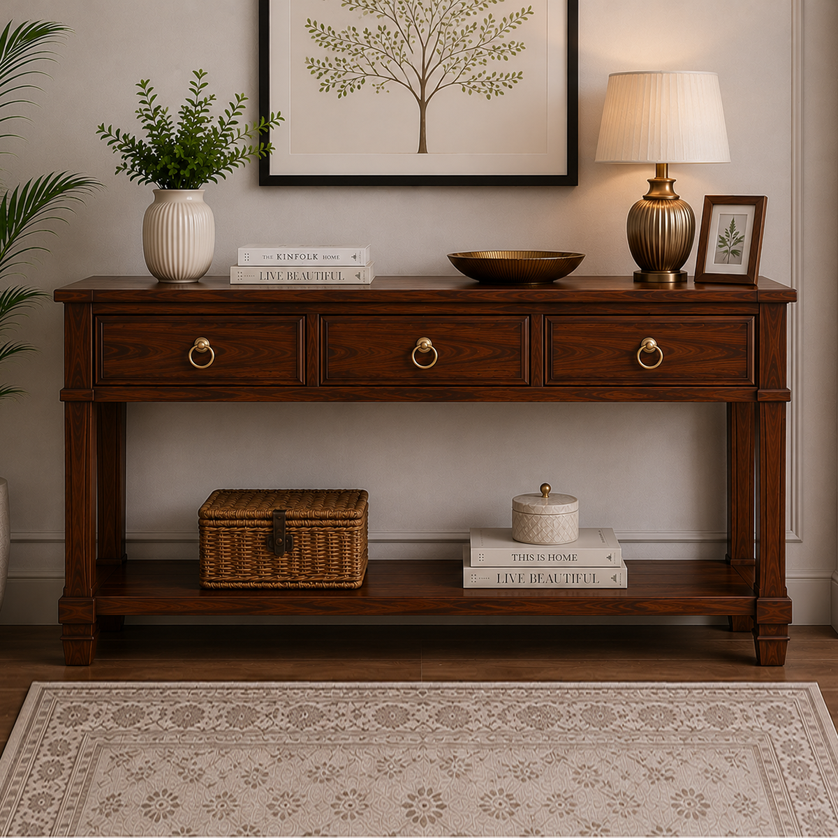 The RJ Art premium Sheesham wood console table with three storage drawers, open bottom shelf, brass ring handles, and rich walnut finish.