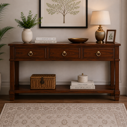 The RJ Art premium Sheesham wood console table with three storage drawers, open bottom shelf, brass ring handles, and rich walnut finish.