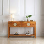 The RJ Art Sheesham Wood Console Table with Drawers, Open Shelf and Cane Panel Accents