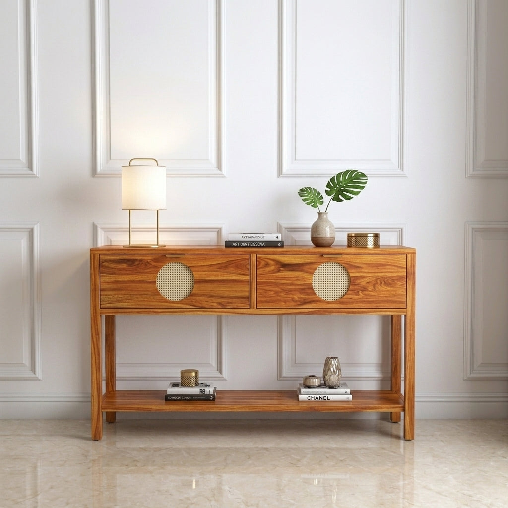 The RJ Art Sheesham Wood Console Table with Drawers, Open Shelf and Cane Panel Accents