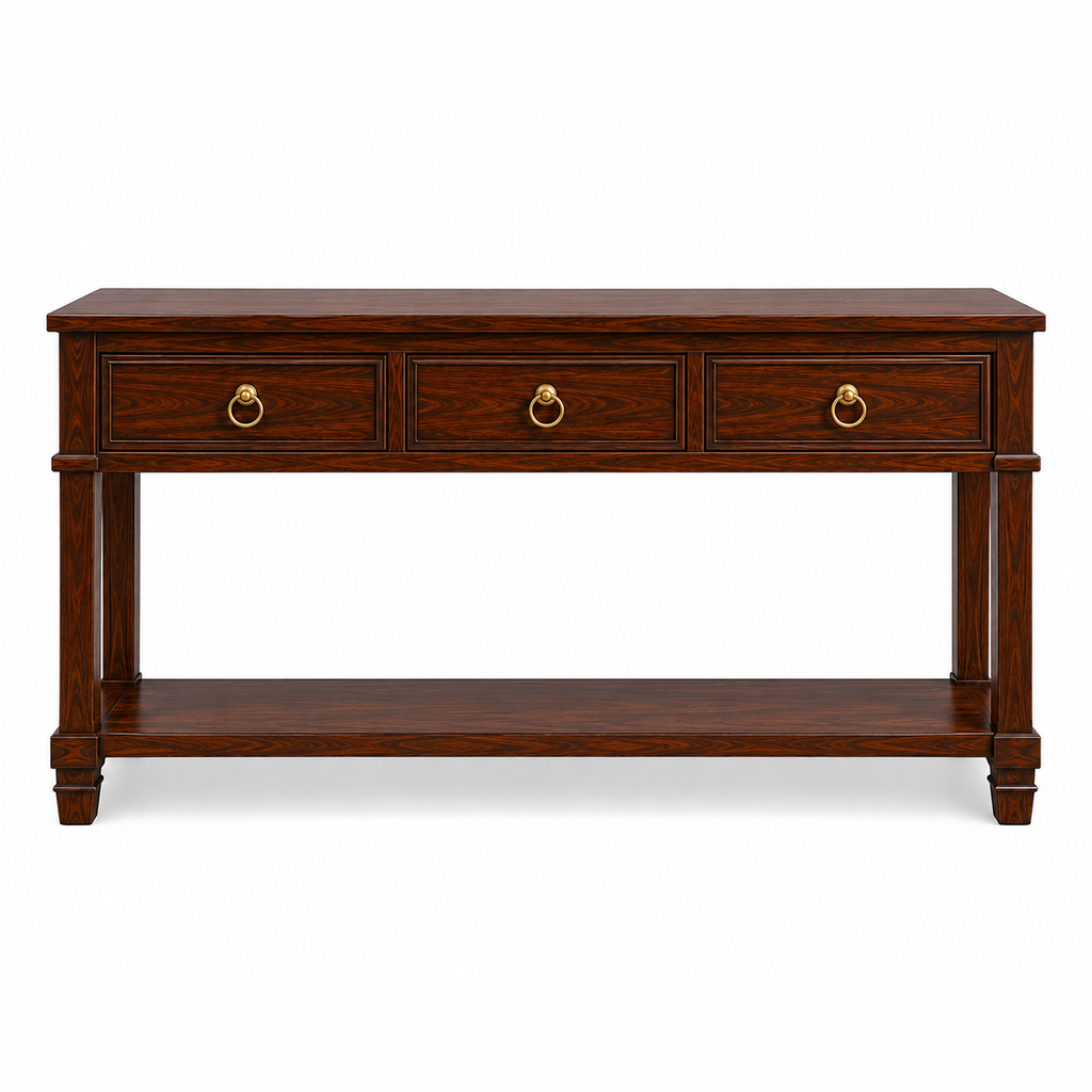 The RJ Art premium Sheesham wood console table with three storage drawers, open bottom shelf, brass ring handles, and rich walnut finish.