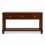 The RJ Art premium Sheesham wood console table with three storage drawers, open bottom shelf, brass ring handles, and rich walnut finish.