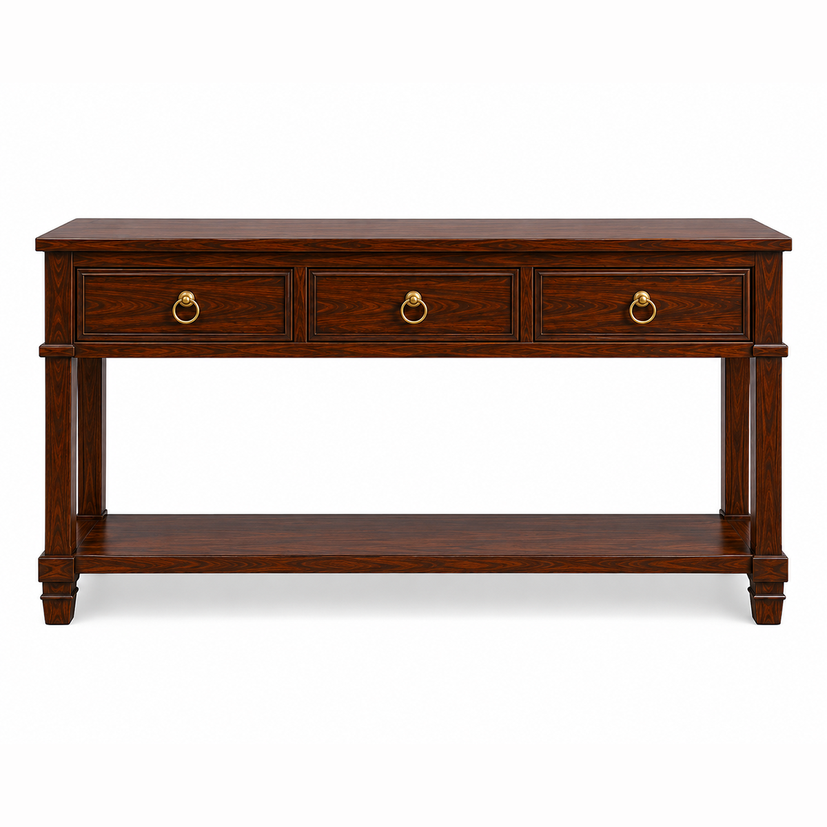 The RJ Art premium Sheesham wood console table with three storage drawers, open bottom shelf, brass ring handles, and rich walnut finish.
