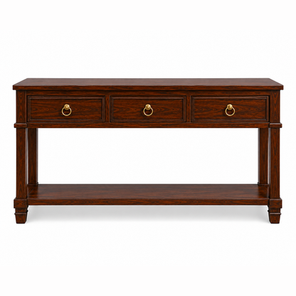 The RJ Art premium Sheesham wood console table with three storage drawers, open bottom shelf, brass ring handles, and rich walnut finish.