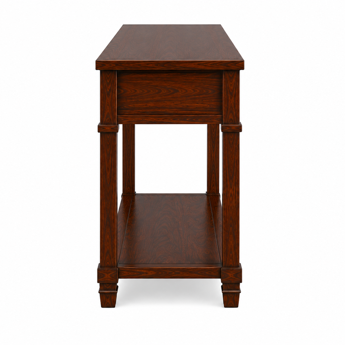 The RJ Art premium Sheesham wood console table with three storage drawers, open bottom shelf, brass ring handles, and rich walnut finish.
