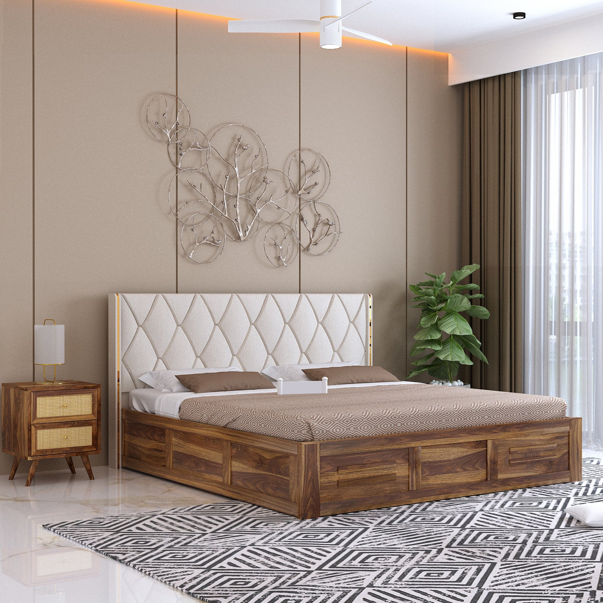 Oslen Sheesham Bed With Box Storage & Eifle Style Upholstered Headboard-3 Years Warranty(Luxe Edition)