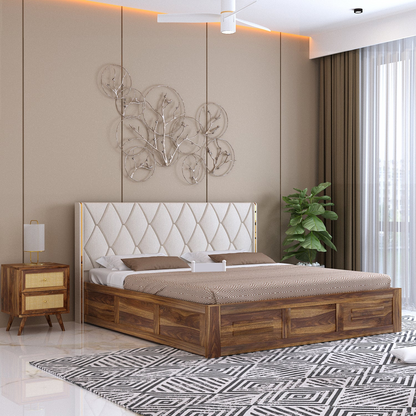 Oslen Sheesham Bed With Box Storage & Eifle Style Upholstered Headboard-3 Years Warranty(Luxe Edition)