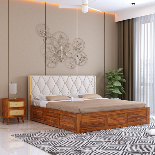 Oslen Sheesham Bed With Box Storage & Eifle Style Upholstered Headboard-3 Years Warranty(Luxe Edition)