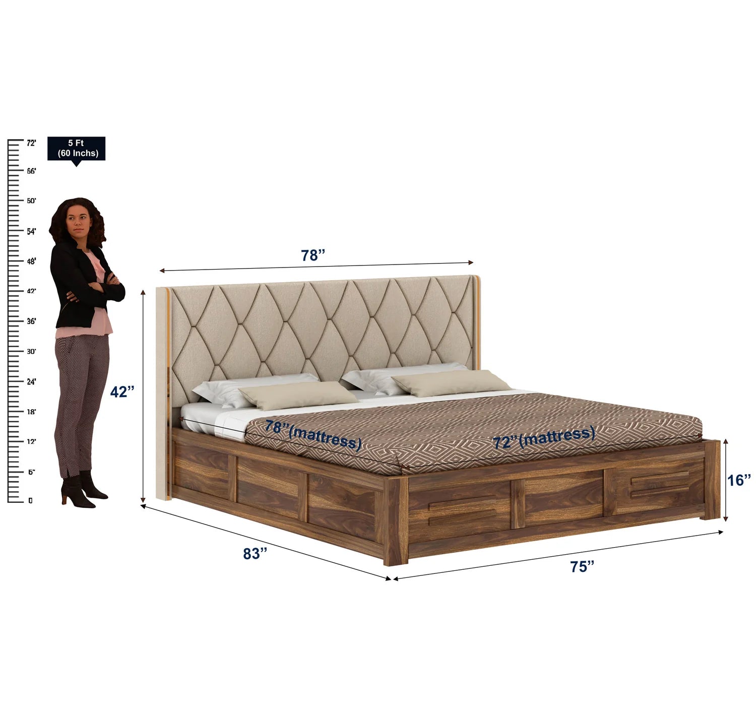 Oslen Solid Sheesham Wood Bed With Box Storage & Eifle Style Upholstered Headboard-3 years Warranty(LUXE EDITION)