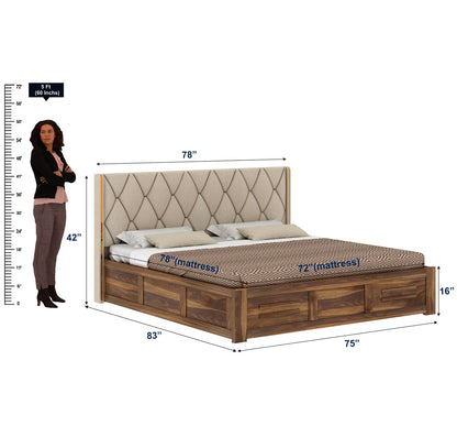 Oslen Sheesham Bed With Box Storage & Eifle Style Upholstered Headboard-3 Years Warranty(Luxe Edition)