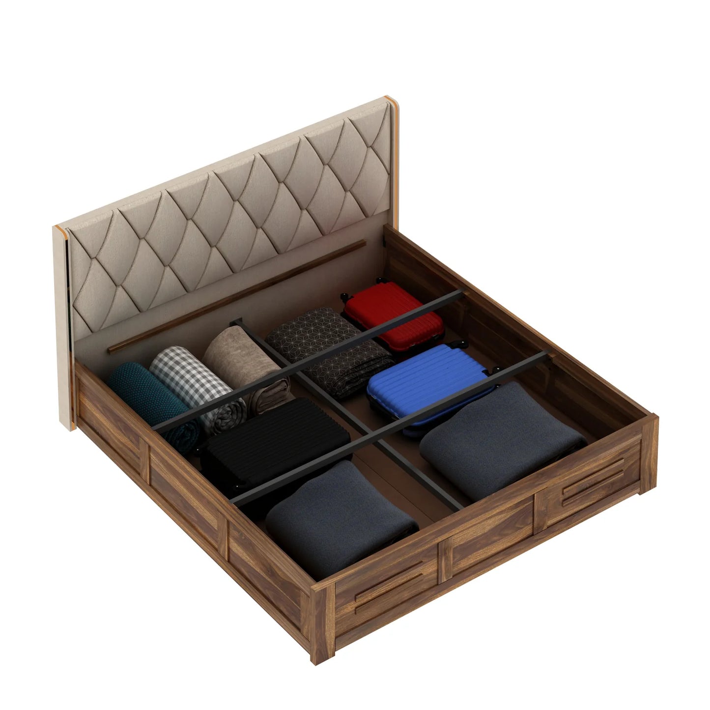 Oslen Sheesham Bed With Box Storage & Eifle Style Upholstered Headboard-3 Years Warranty(Luxe Edition)