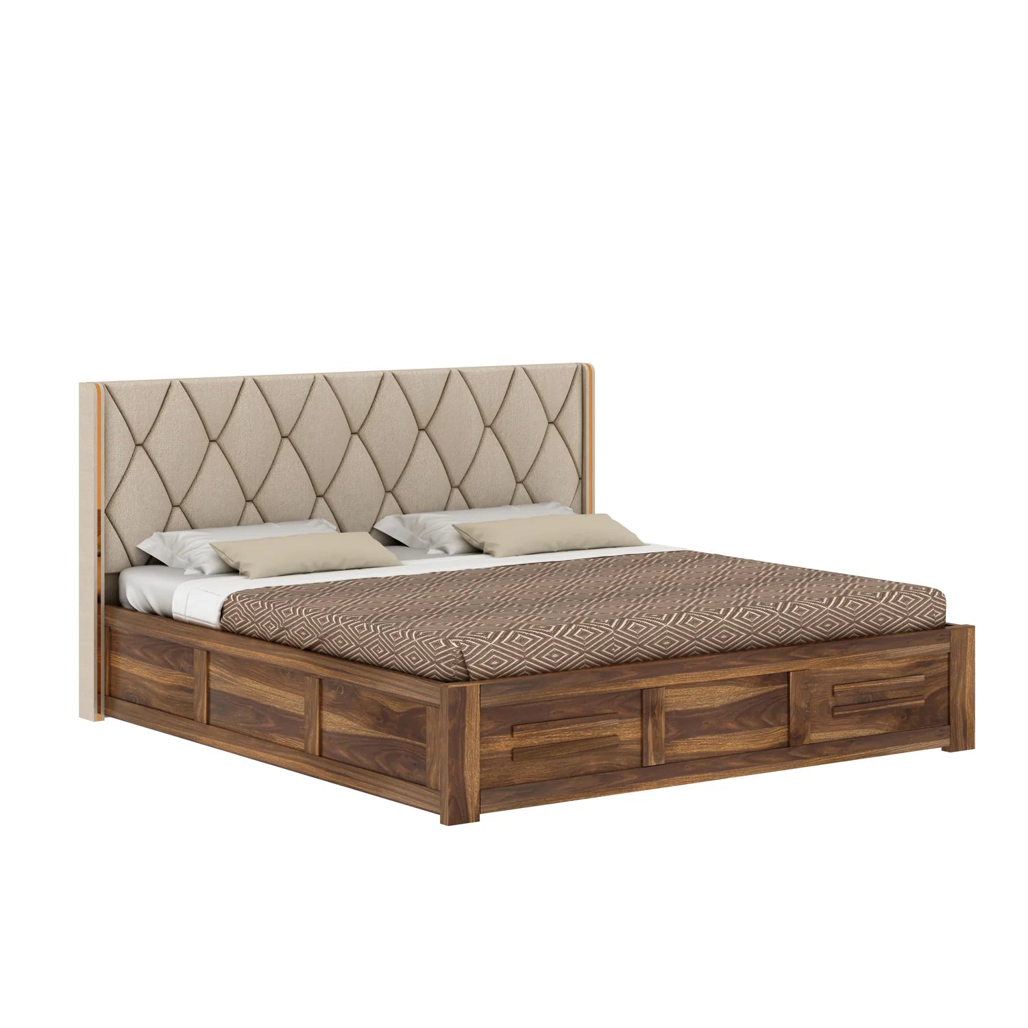 Oslen Solid Sheesham Wood Bed With Box Storage & Eifle Style Upholstered Headboard-3 years Warranty(LUXE EDITION)
