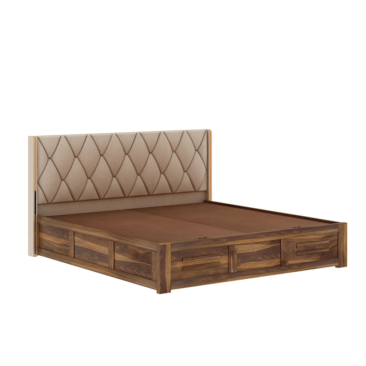 Oslen Sheesham Bed With Box Storage & Eifle Style Upholstered Headboard-3 Years Warranty(Luxe Edition)
