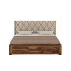 Oslen Solid Sheesham Wood Bed With Box Storage & Eifle Style Upholstered Headboard-3 years Warranty(LUXE EDITION)
