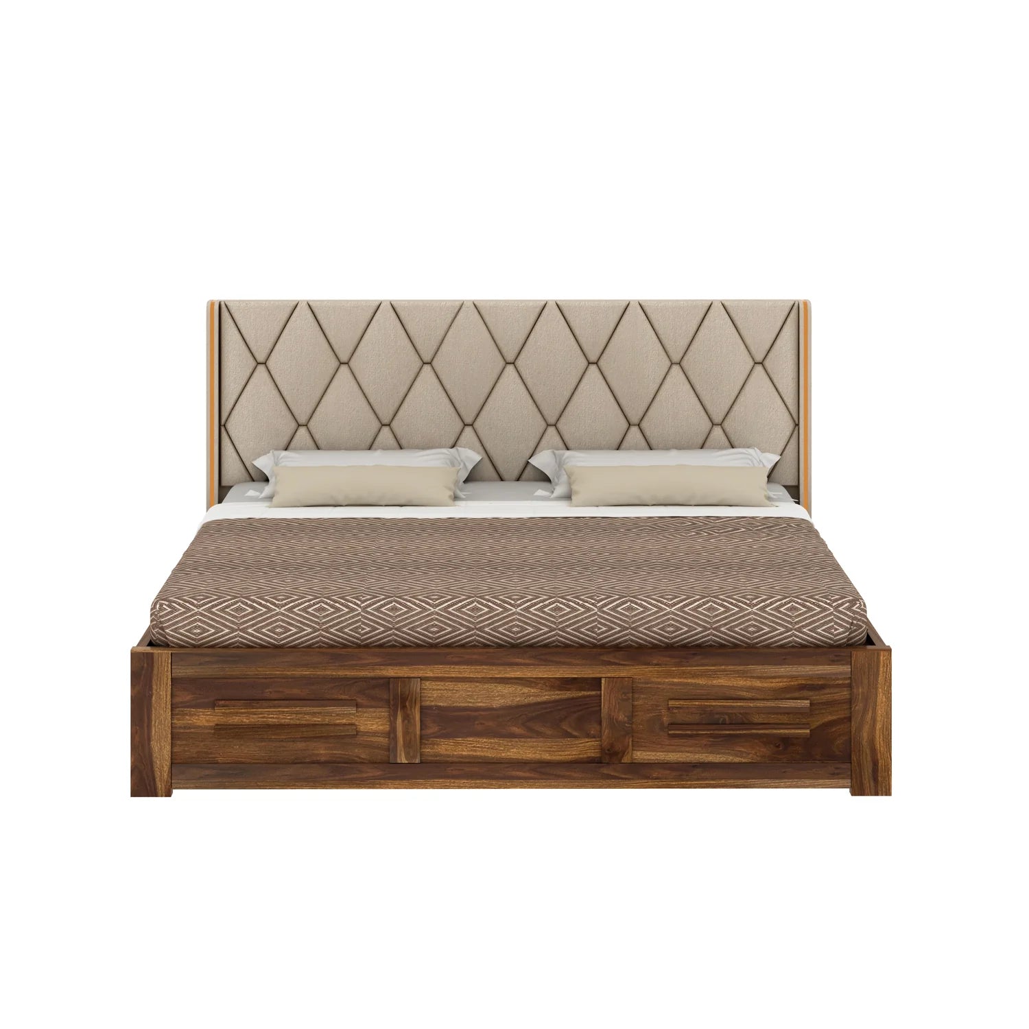 Oslen Solid Sheesham Wood Bed With Box Storage & Eifle Style Upholstered Headboard-3 years Warranty(LUXE EDITION)