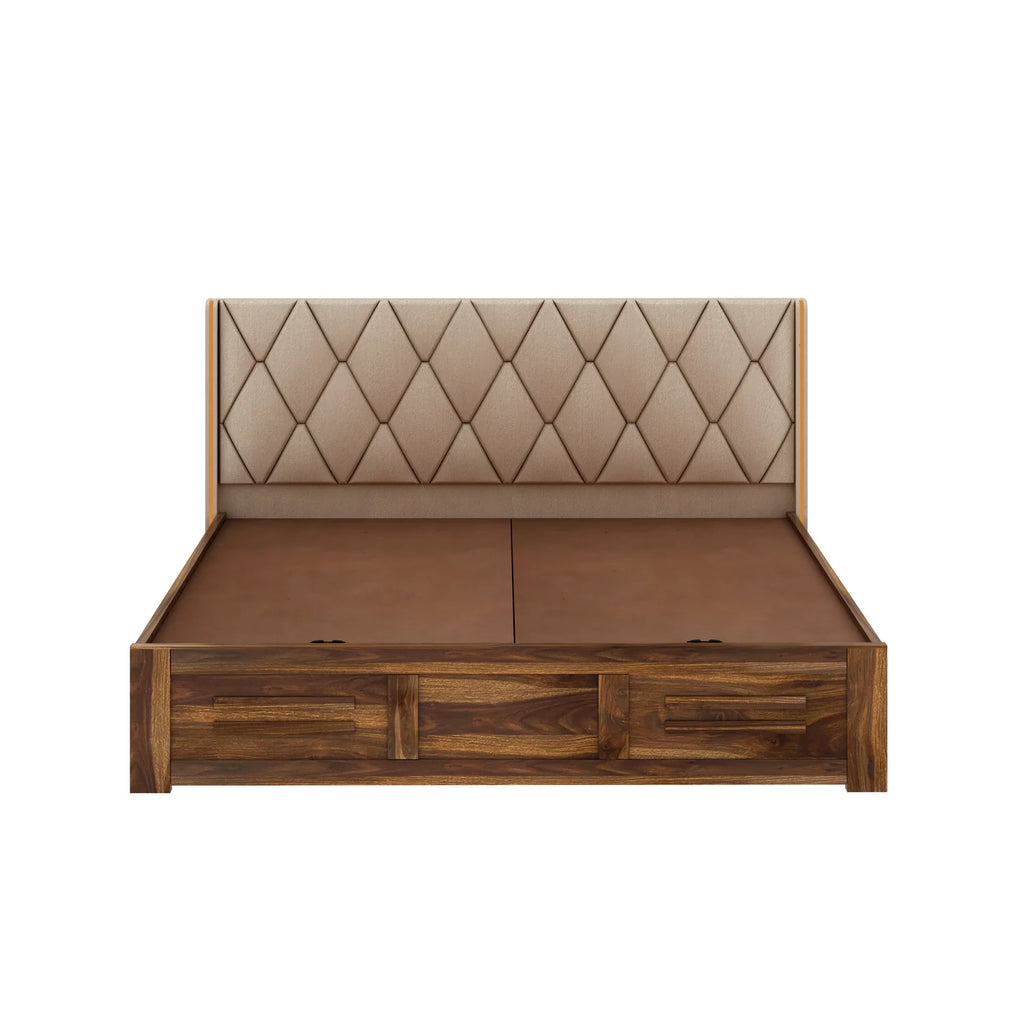 Oslen Solid Sheesham Wood Bed With Box Storage & Eifle Style Upholstered Headboard-3 years Warranty(LUXE EDITION)