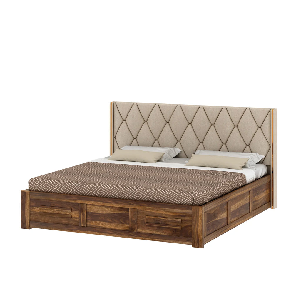 Oslen Solid Sheesham Wood Bed With Box Storage & Eifle Style Upholstered Headboard-3 years Warranty(LUXE EDITION)