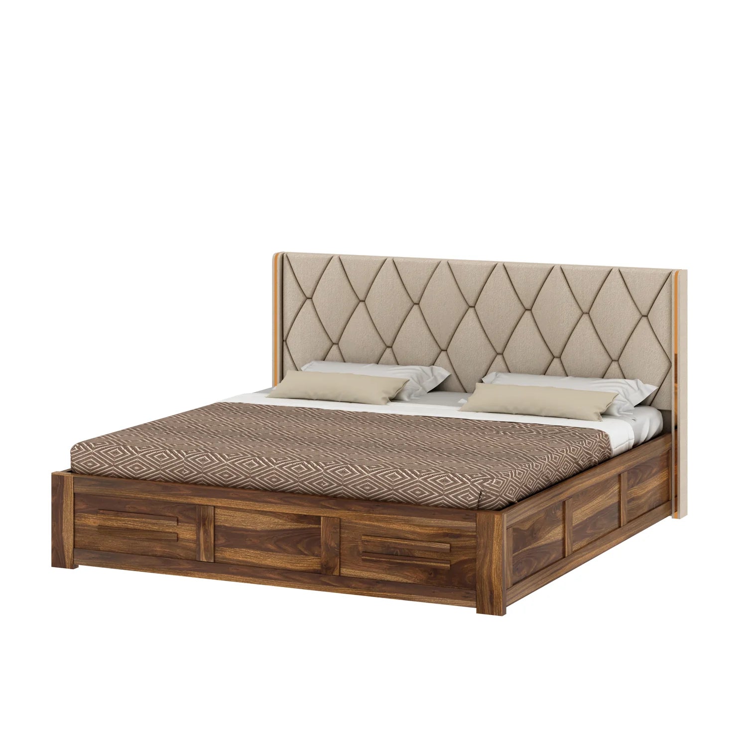 Oslen Solid Sheesham Wood Bed With Box Storage & Eifle Style Upholstered Headboard-3 years Warranty(LUXE EDITION)