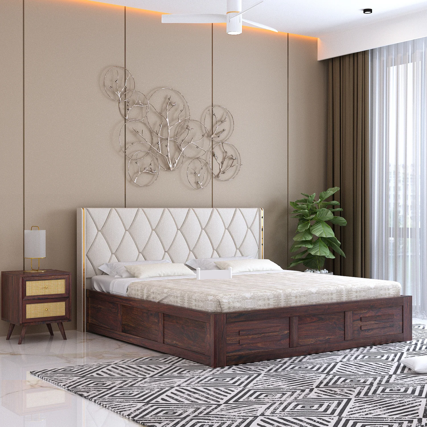 Oslen Sheesham Bed With Box Storage & Eifle Style Upholstered Headboard-3 Years Warranty(Luxe Edition)