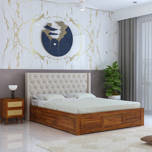 Oslen Sheesham Bed With Box Storage & Fabrio Style Upholstered Headboard-3 Years Warranty(Luxe Edition)