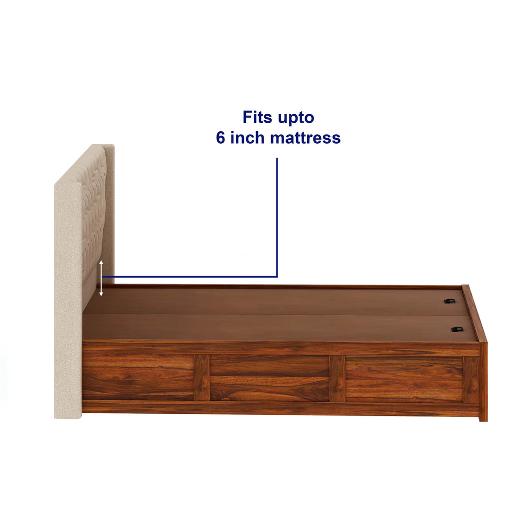 Oslen Solid Sheesham Wood Bed With Box Storage & Fabrio Style Upholstered Headboard-3 years Warranty(LUXE EDITION)