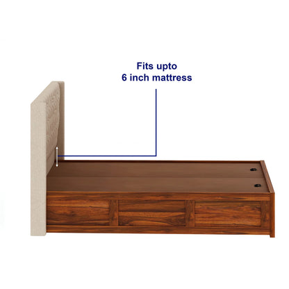Oslen Sheesham Bed With Box Storage & Fabrio Style Upholstered Headboard-3 Years Warranty(Luxe Edition)