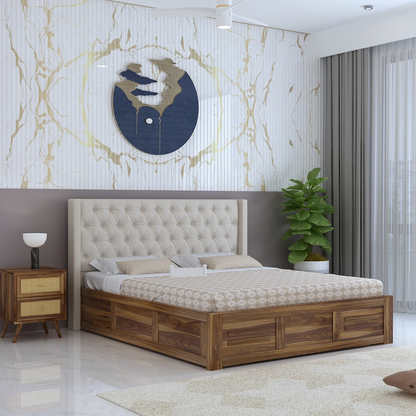 Oslen Sheesham Bed With Box Storage & Fabrio Style Upholstered Headboard-3 Years Warranty(Luxe Edition)