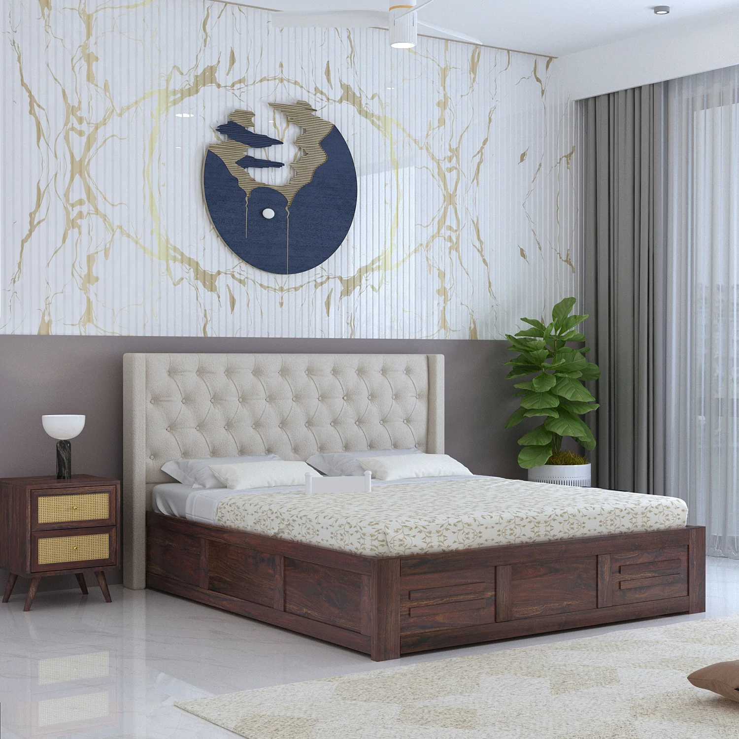 Oslen Solid Sheesham Wood Bed With Box Storage & Fabrio Style Upholstered Headboard-3 years Warranty(LUXE EDITION)