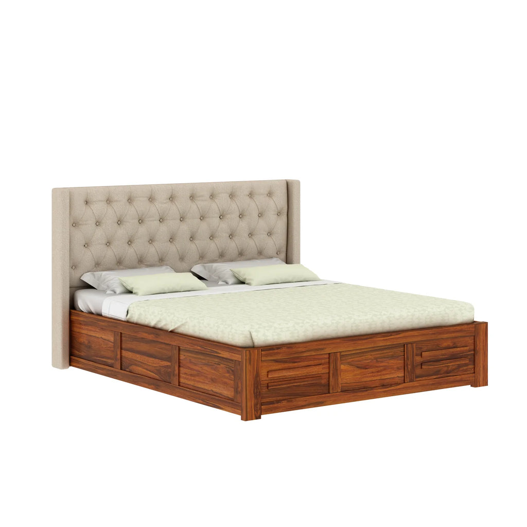 Oslen Solid Sheesham Wood Bed With Box Storage & Fabrio Style Upholstered Headboard-3 years Warranty(LUXE EDITION)